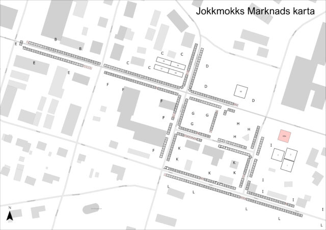 Kartbild över utomhusmarknaden på Jokkmokks marknad.